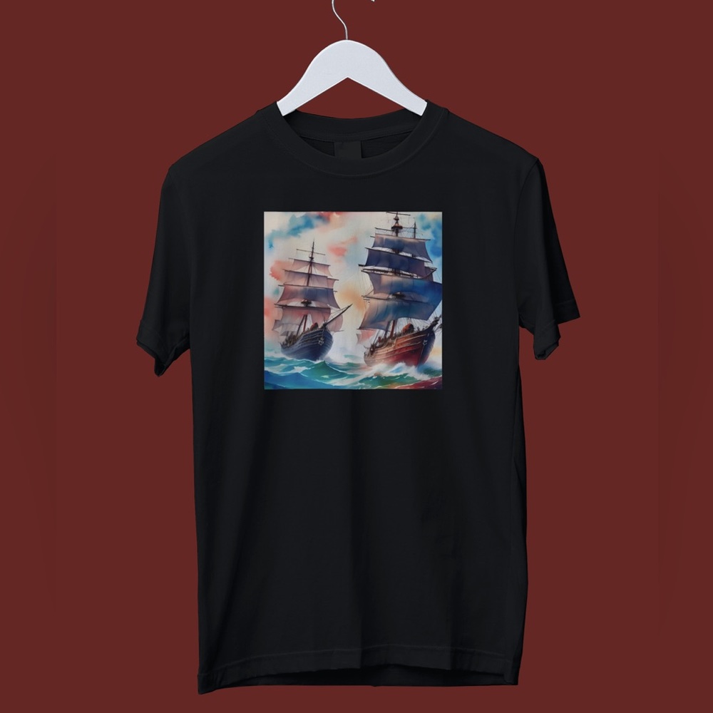 Sailing pirate ship fleet through the ocean Men’s S-XL graphic T-Shirt